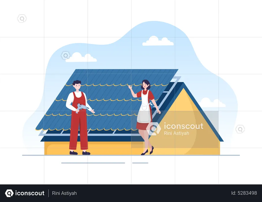 Construction Workers Fixing Rooftop  Illustration