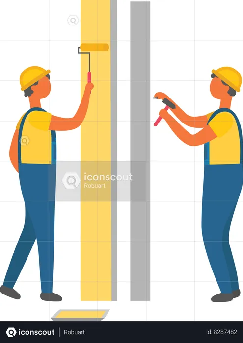 Construction Workers Painting and Drilling Walls  Illustration