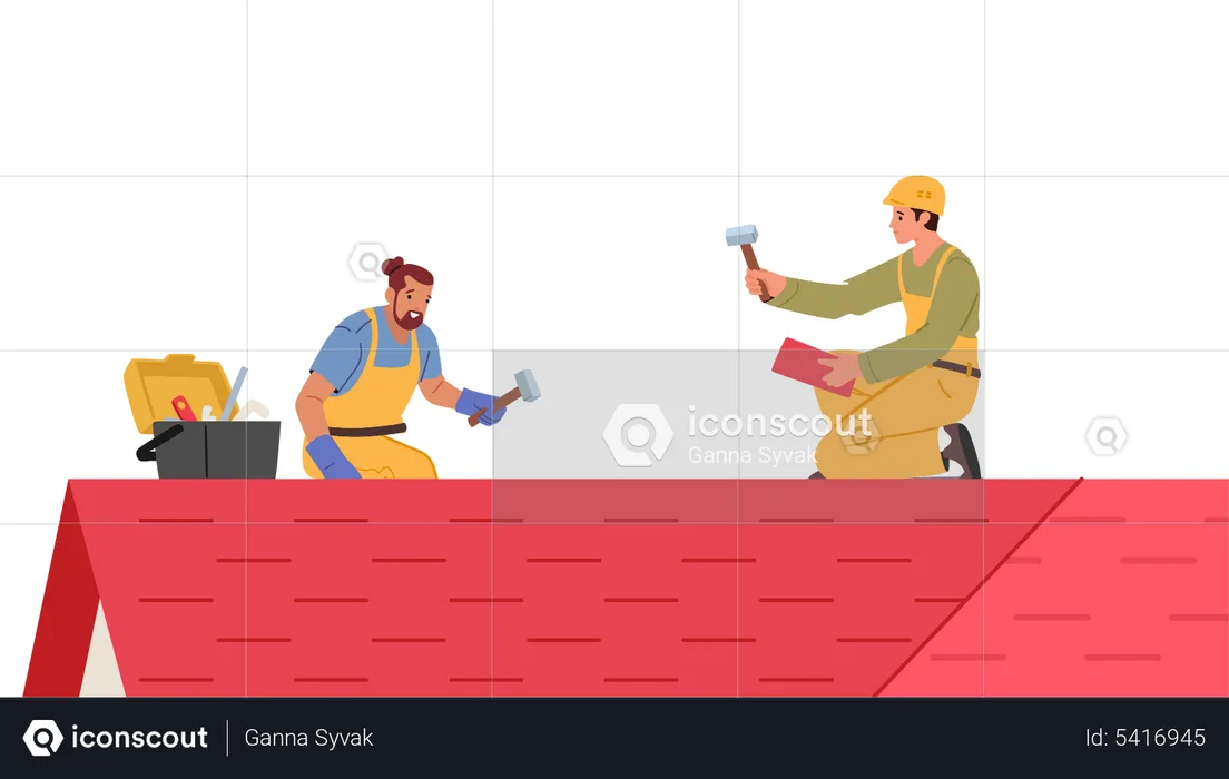 Construction workers repairing rooftop  Illustration