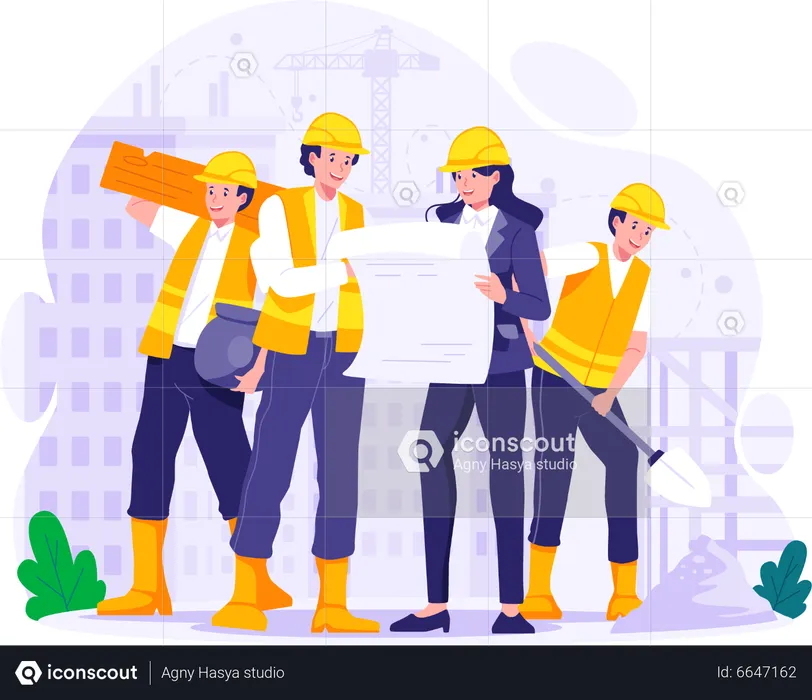 Construction workers work together to build a building  Illustration