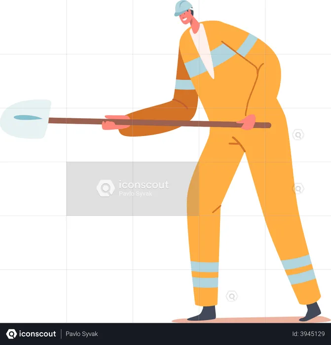 Constructor vistiendo traje de seguridad sosteniendo una pala en el sitio de construcción  Ilustración