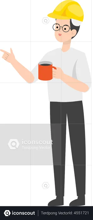 Construtor segurando uma xícara de café  Ilustração