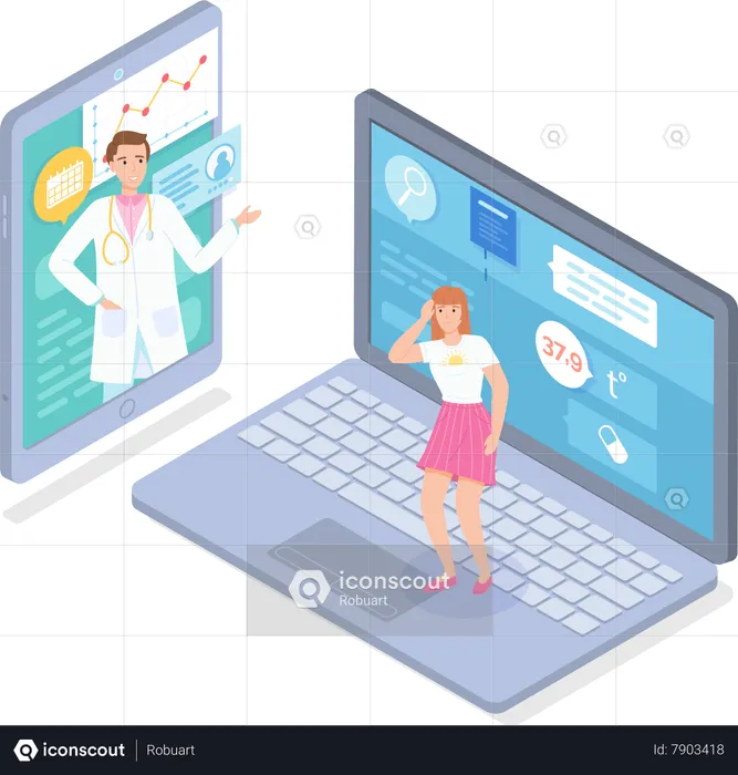 Consulta en línea con el médico a través de una computadora portátil.  Ilustración