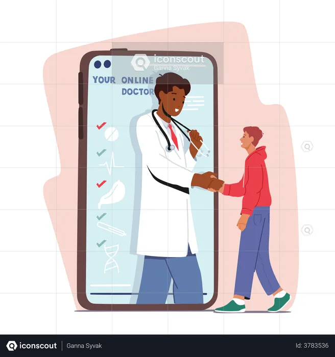 Consultation de médecine en ligne à distance, technologie médicale intelligente. Médecin serrant la main d'un patient sur un énorme téléphone portable  Illustration