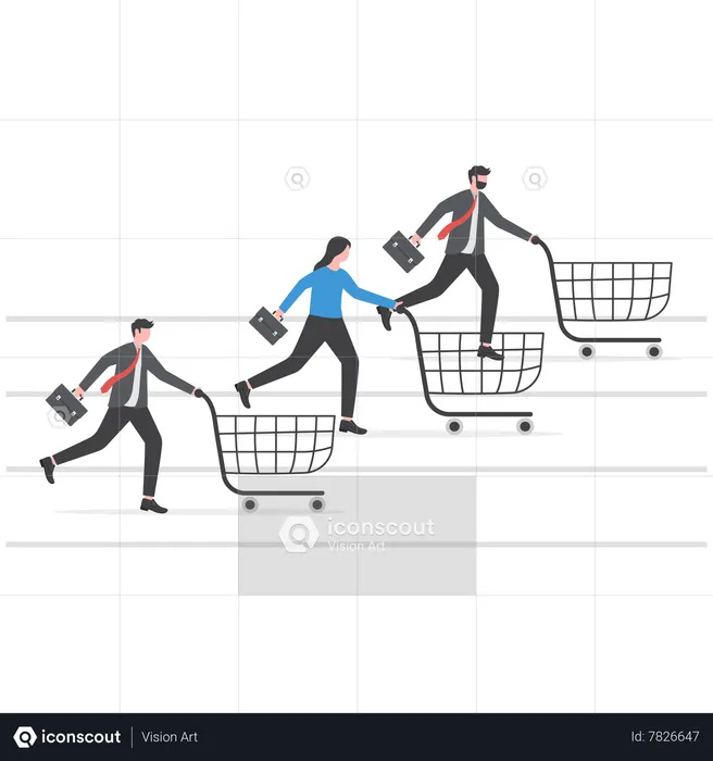 Consumer people with shopping cart compete in running race tracks  Illustration