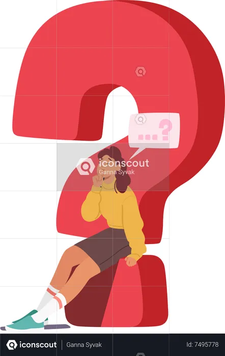 Contemplative Female Seated On Huge Red Question Mark with Speech Bubble over Head  Illustration