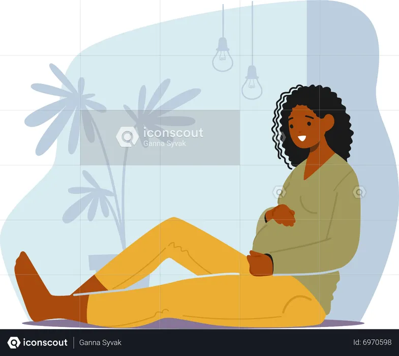 Content And Stunning Expectant Mother Radiating Joy And Happiness Sitting On Floor  Illustration