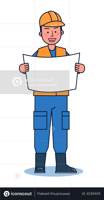 Contractor looking at plan  Illustration
