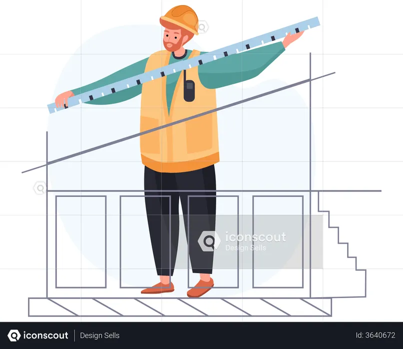 Contractor measuring house plan with a measuring tape  Illustration