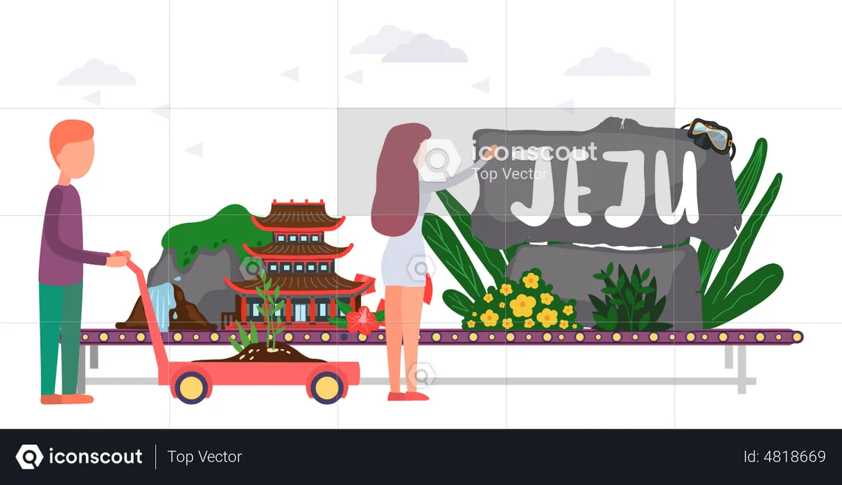 Conveyor belt with plants and stones attraction of jeju island  Illustration