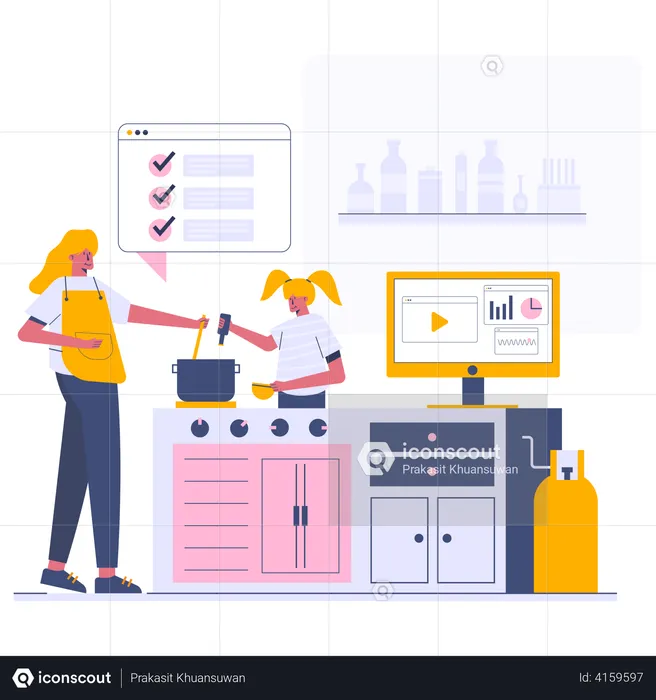 Cooking on kitchen with online video  Illustration