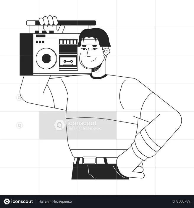 Cool korean boy holding boombox on shoulder  Illustration