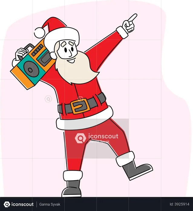 Cool Santa Claus Listening Music on Tape Recorder and Dancing  Illustration