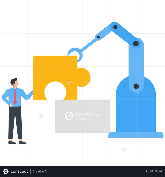Cooperation of robot and characters to build innovation  Illustration