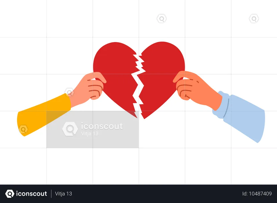 Corazón roto que simboliza la separación y destrucción de relaciones.  Ilustración