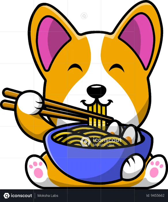 Corgi Dog Eating Ramen Noodle With Chopstick  Illustration