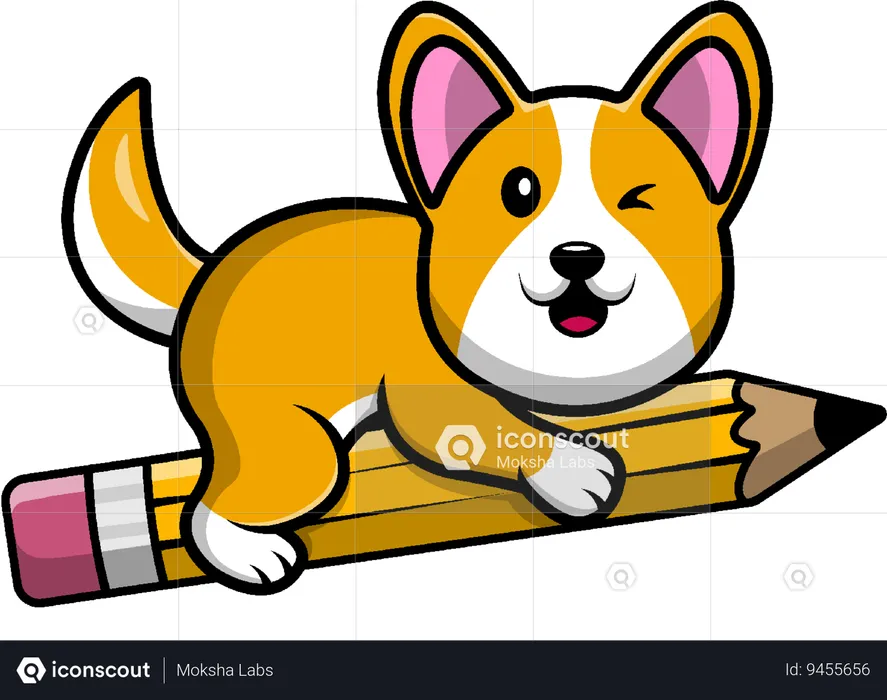 Corgi Dog Flying With Pencil  Illustration