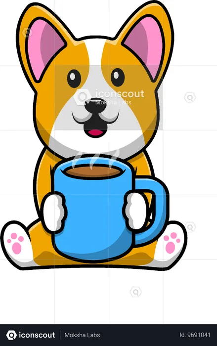 Corgi Dog Holding Hot Coffee Cup  Illustration