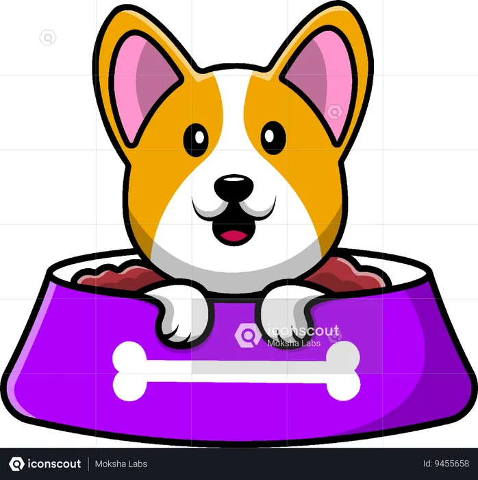Corgi Dog On Food Bowl  Illustration
