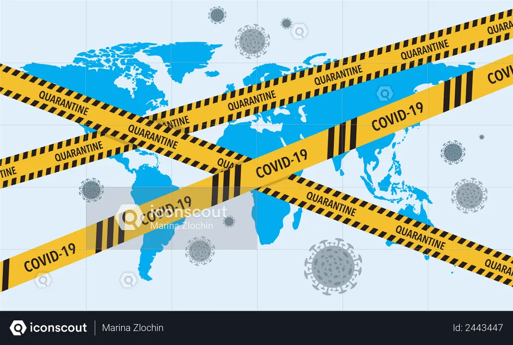 Corona Virus lockdown barrier tape over a world  Illustration