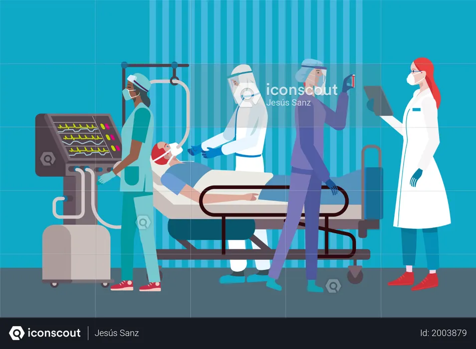 Coronavirus patient on a respirator attended by a team of Female and Male Doctors or Nurses Wearing different Personal Protective Equipment in the ICU of Hospital  Illustration