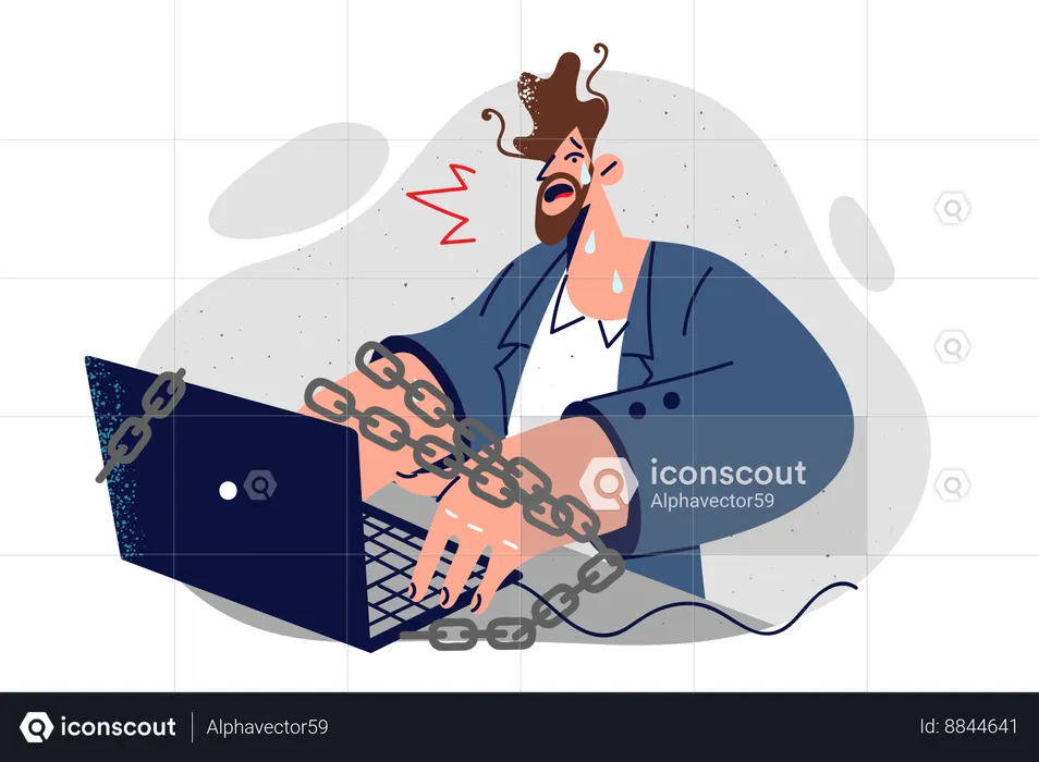 Corporate slave is crying sitting at computer with chains  Illustration