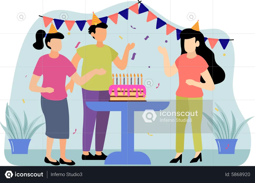 Corte de pastel en fiesta de cumpleaños  Ilustración