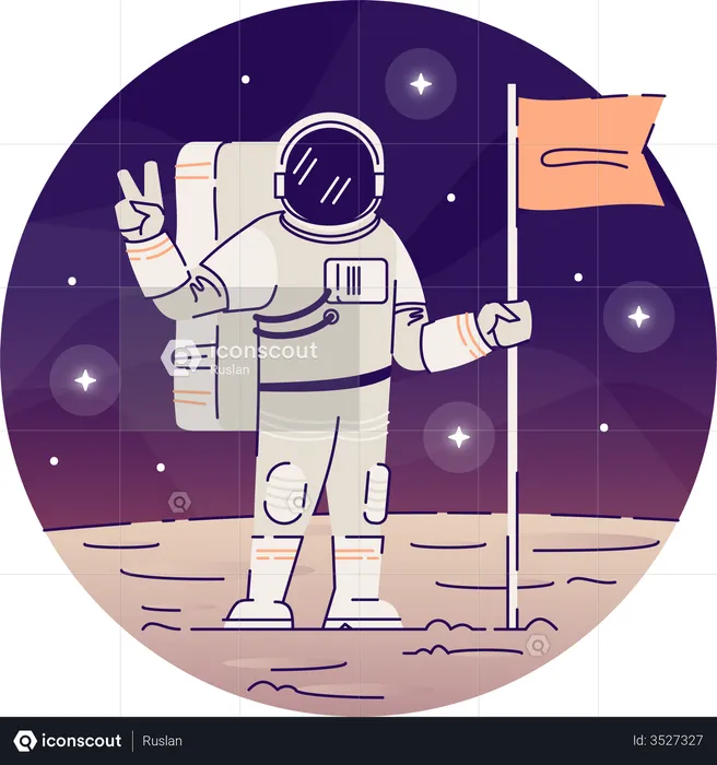 Cosmonaut placing flag on moon  Illustration