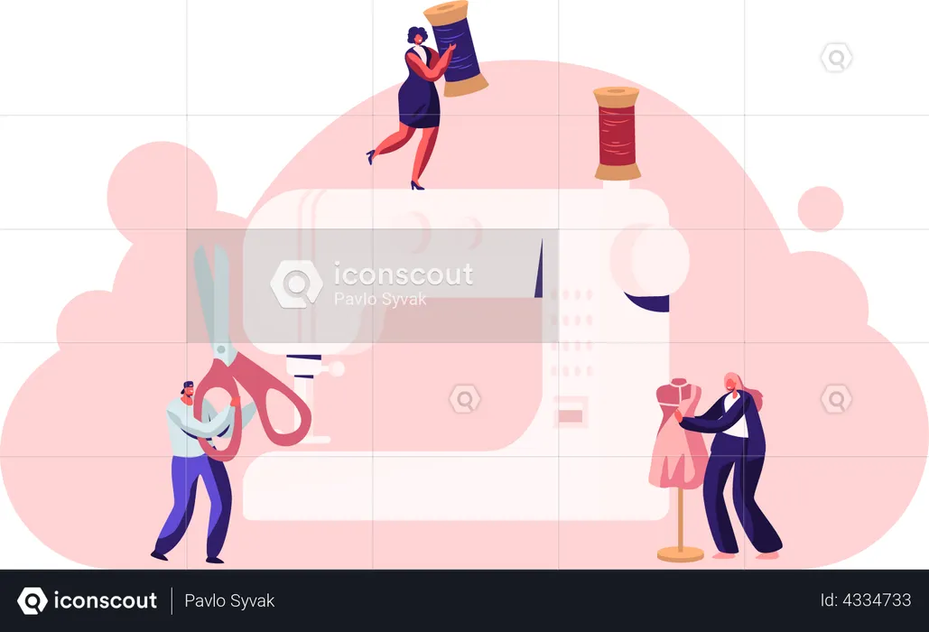 Costureiras criam roupas e acessórios na máquina de costura  Ilustração