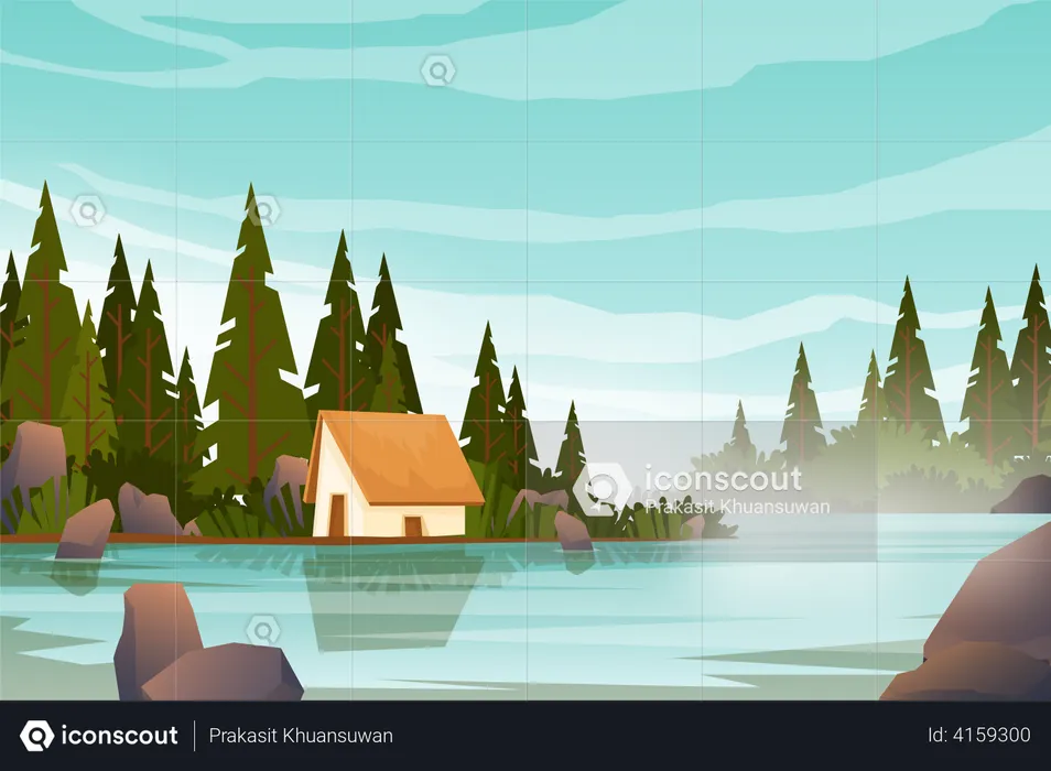 Cottage near large lake in forest area  Illustration