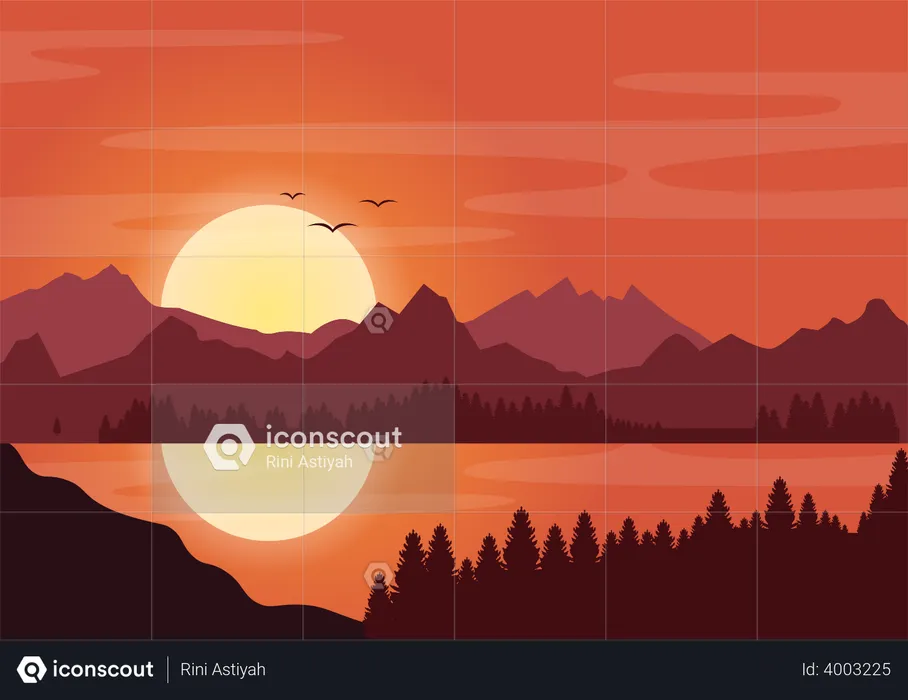 Coucher de soleil sur les montagnes  Illustration