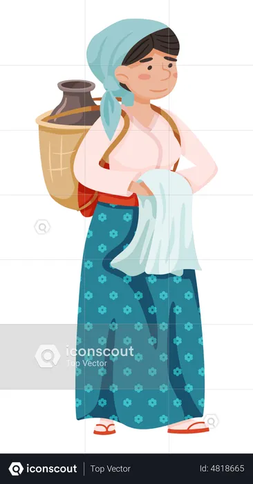Country woman carries water in jug behind her back  Illustration
