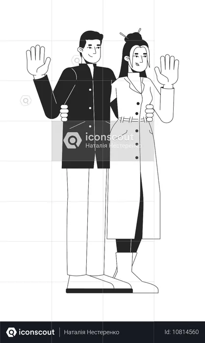 Couple à la mode en vêtements d'hiver agitant les mains  Illustration