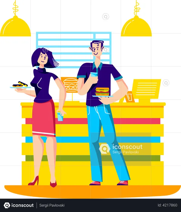 Couple achetant de la restauration rapide au restaurant  Illustration