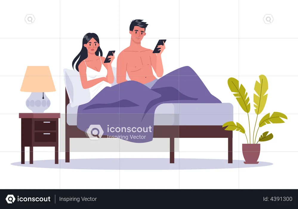 Couple addicted to smartphone usage during sexual intercourse  Illustration