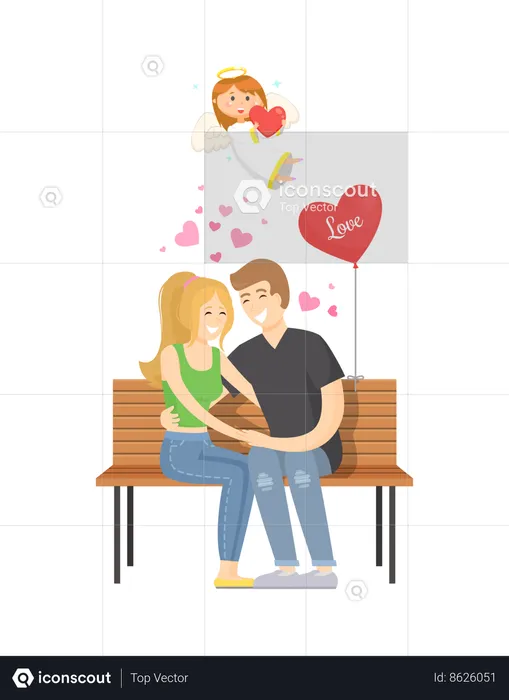 Couple amoureux assis sur un banc  Illustration