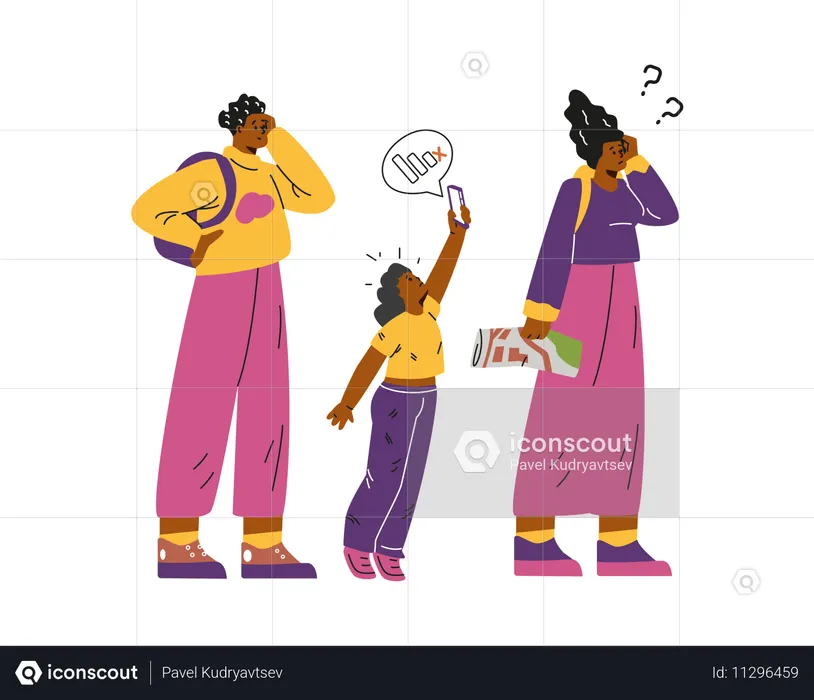 Couple and their child who are lost without phone signal  Illustration