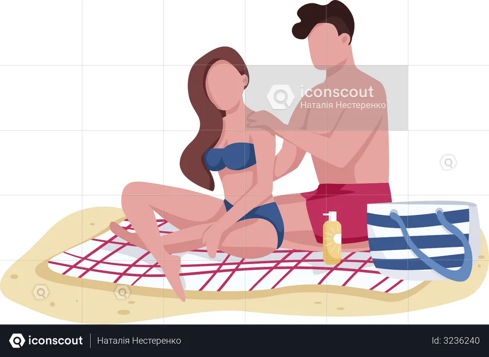 Couple applying sunscreen oil on beach  Illustration
