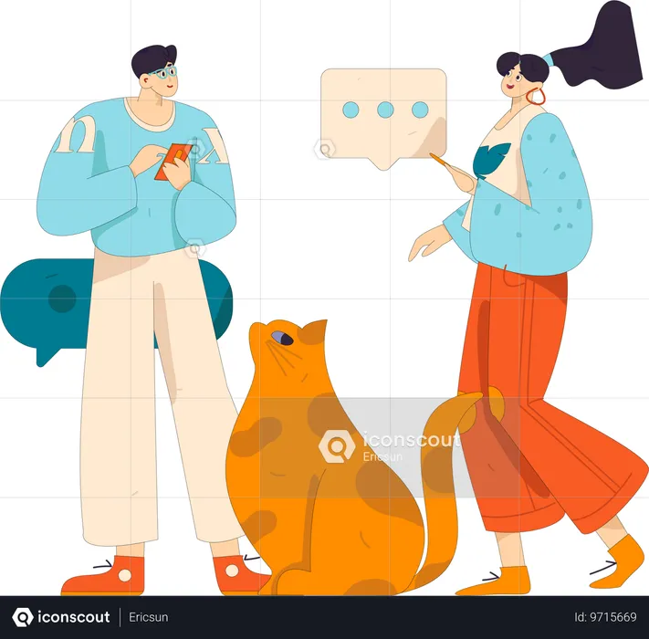 Couple appréciant le chat en ligne via une application  Illustration