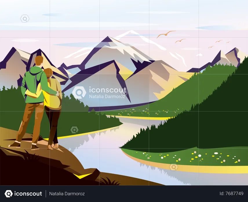 Couple bénéficiant d'une vue sur la montagne  Illustration