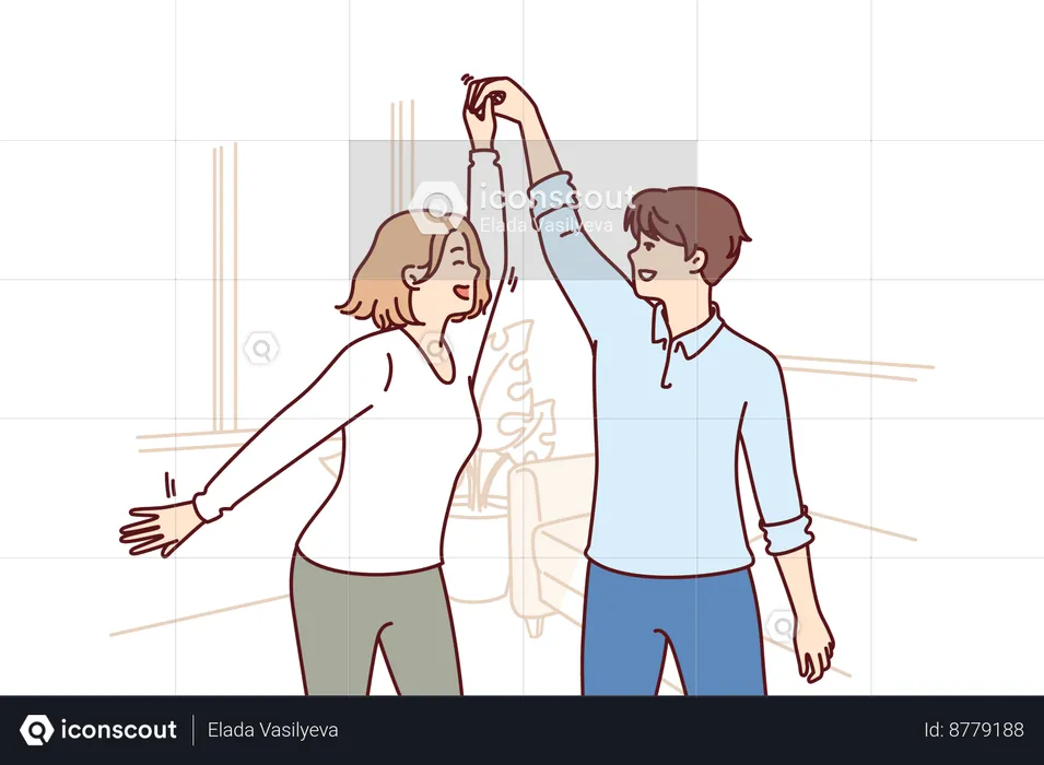 Couple are dancing in their new flat  Illustration