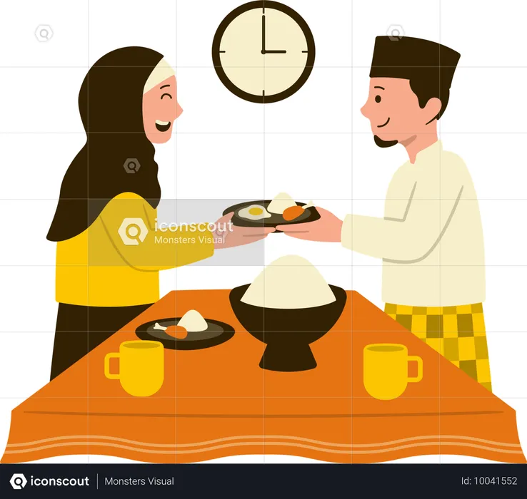 Couple assis ensemble pour l'iftar  Illustration