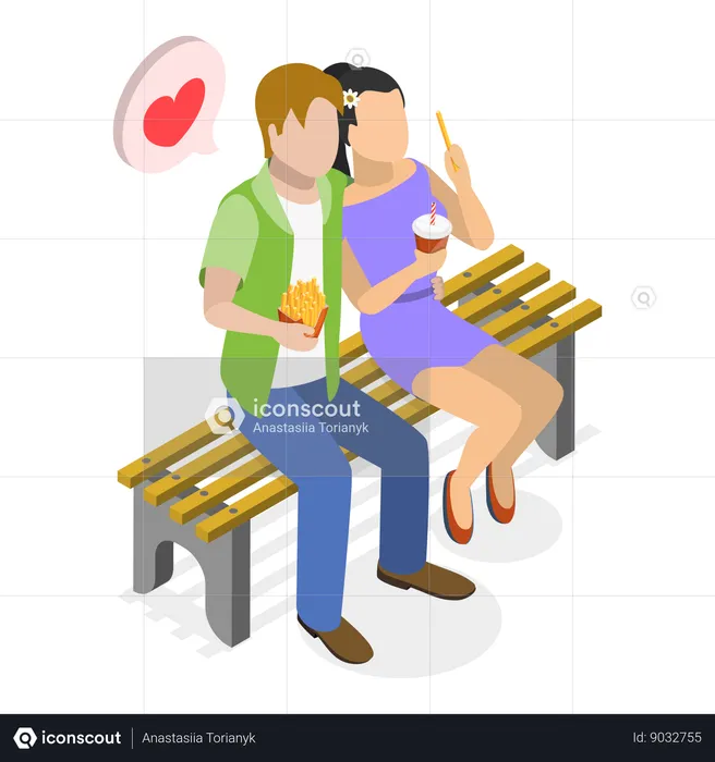 Couple assis sur un banc et mangeant de la nourriture  Illustration