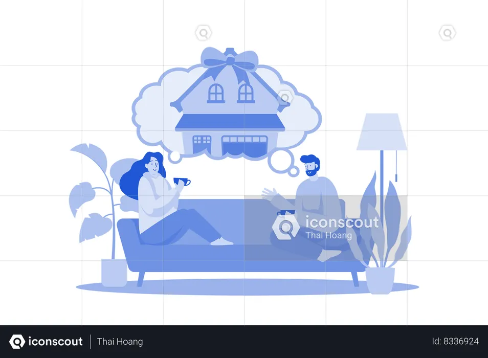 Couple assis sur un canapé en pensant à une nouvelle maison  Illustration