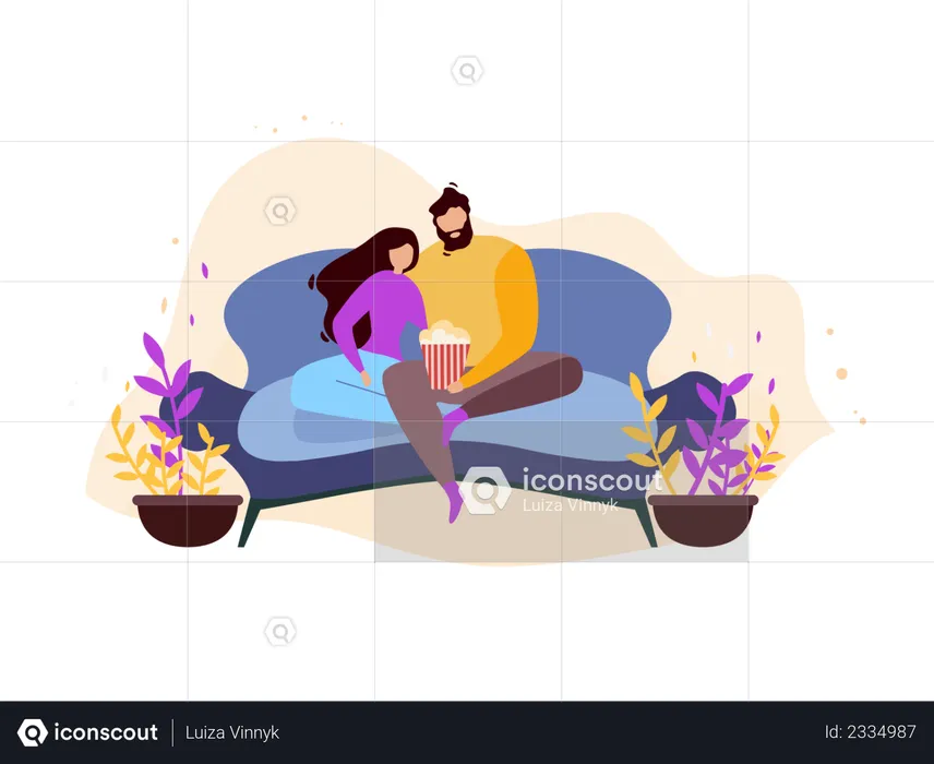 Couple at Home Resting on Couch Watching Movie and Eating Popcorn  Illustration