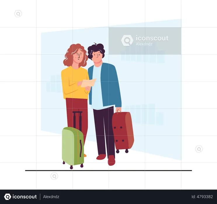 Couple avec bagages et billet à la recherche  Illustration