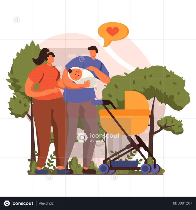 Couple avec leur bébé debout dans le parc  Illustration