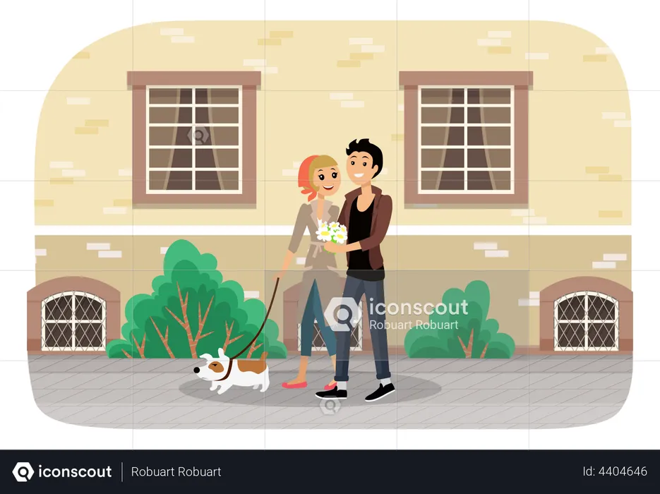 Couple avec un chien marchant ensemble  Illustration