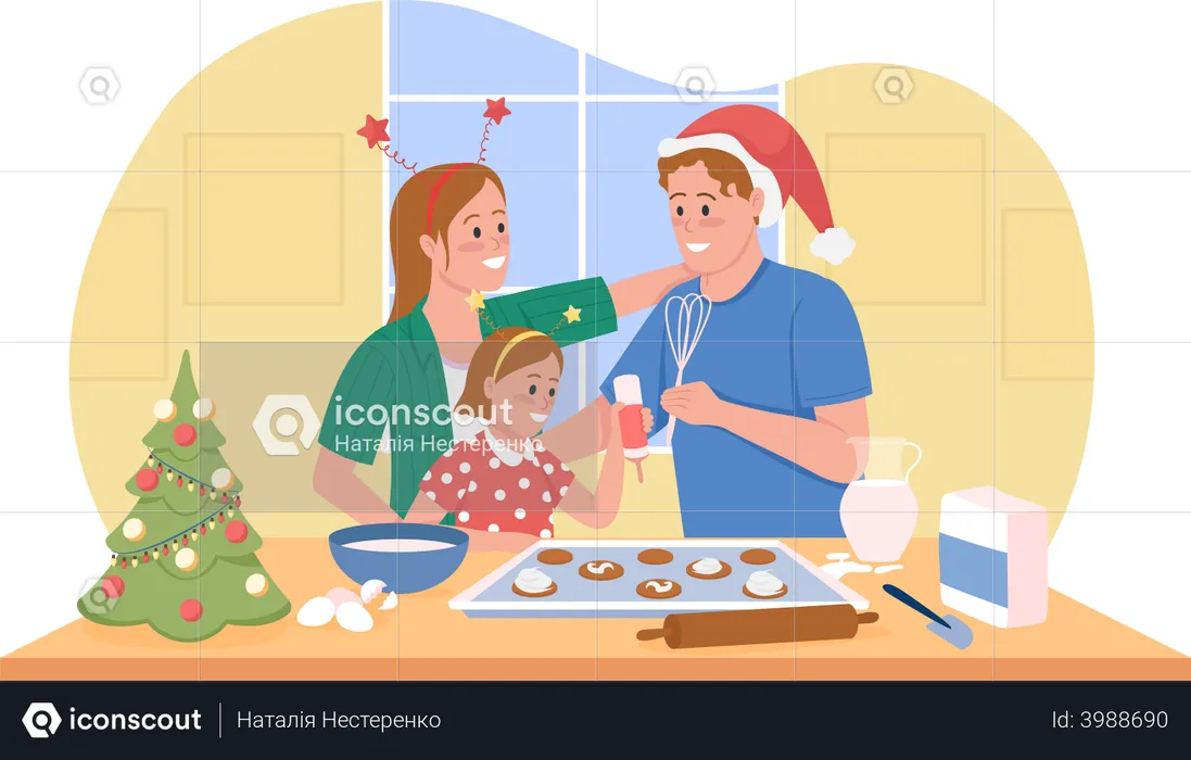 Couple baking cookies with daughter  Illustration