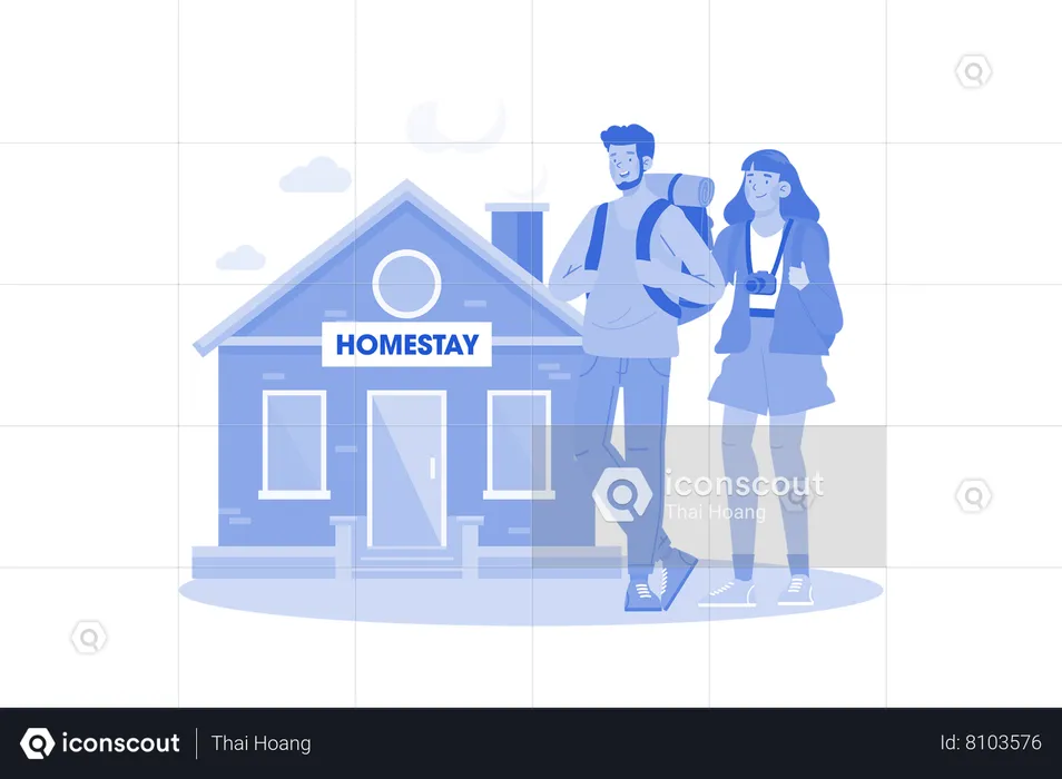 Couple booking  homestay to experience local life  Illustration